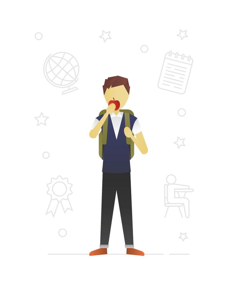 Schoolboy eating apple flat character design. Grade schooler. Boy in school uniform with rucksack. Vector isolated illustration