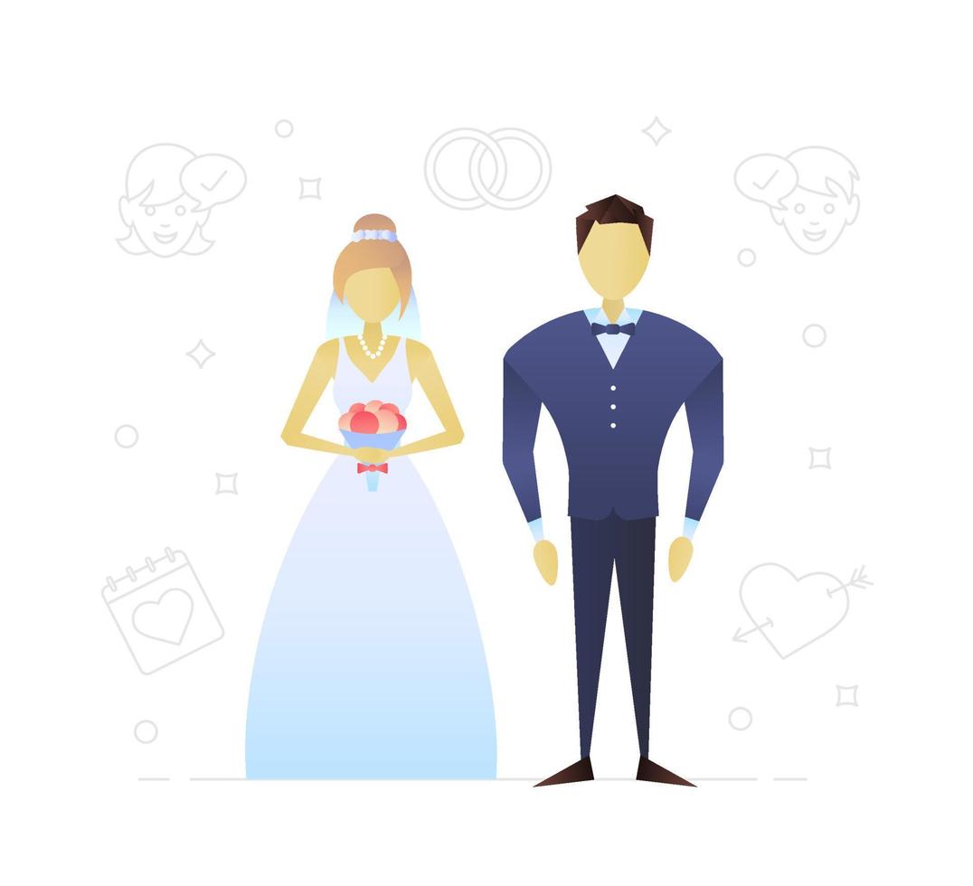 Bride and fiance flat character design. Newlyweds. Just married. Marriage celebration. Vector isolated illustration