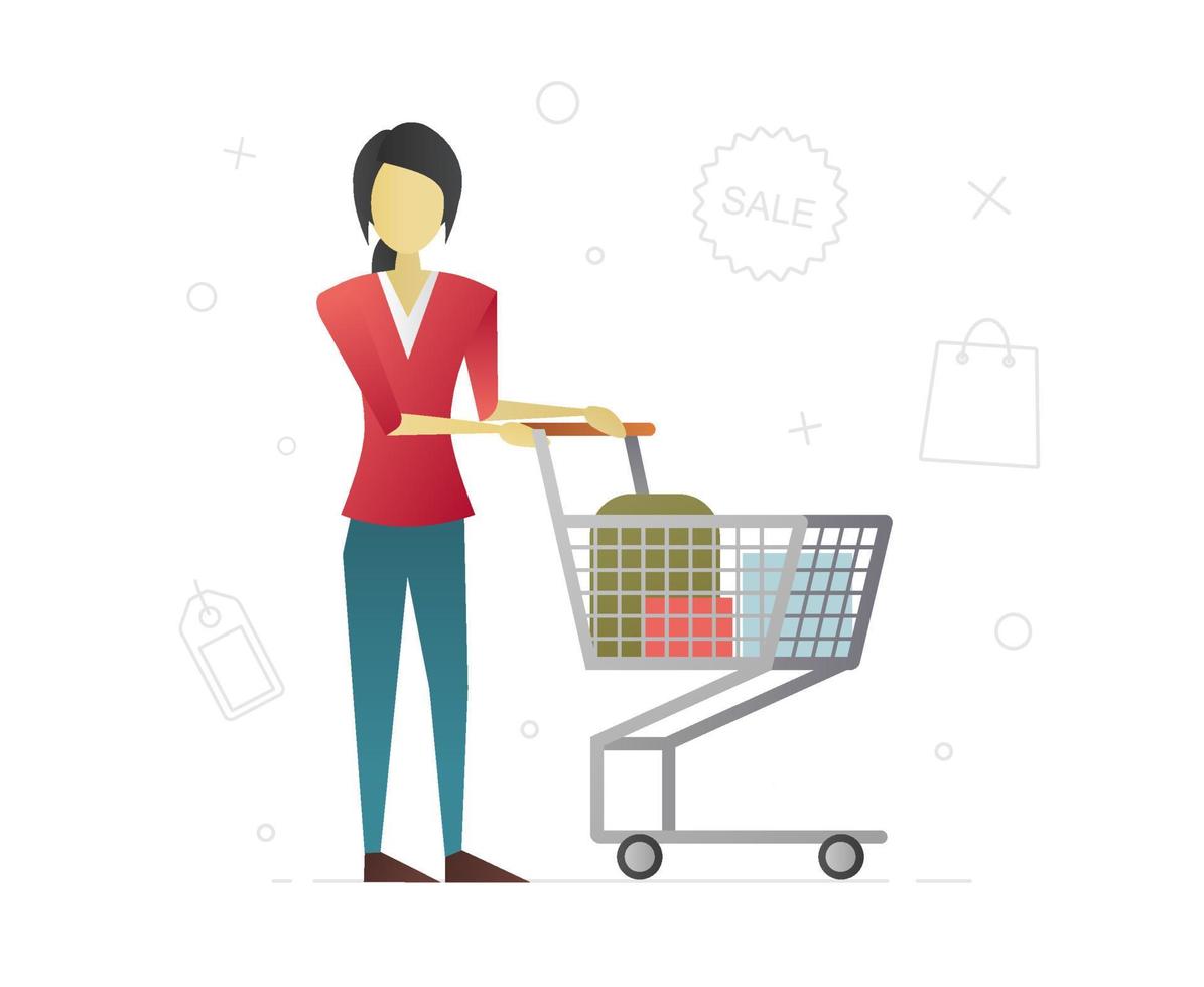 diseño de personajes planos de consumo. ama de casa haciendo compras. mujer con carrito de compras. vector ilustración aislada