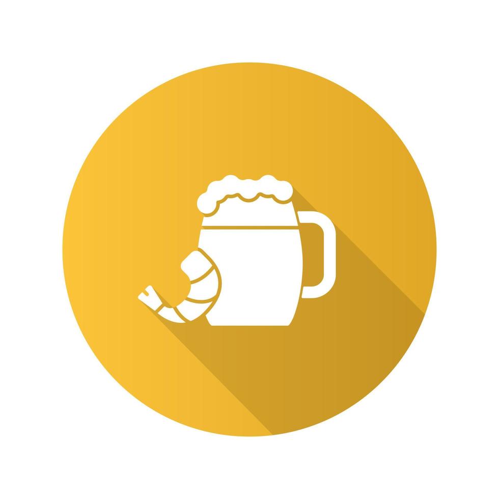 Beer mug with shrimp flat design long shadow glyph icon. Ale. Vector silhouette illustration