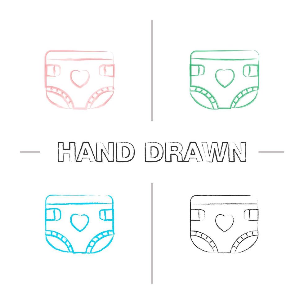 Baby diaper hand drawn icons set. Nappy. Color brush stroke. Isolated vector sketchy illustrations