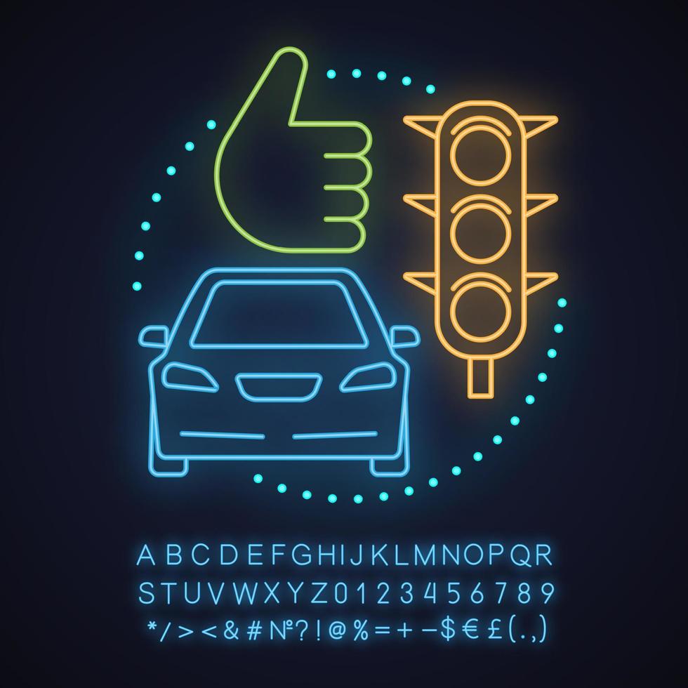 Carpooling service neon light concept icon. Successful ride sharing idea. Driving car. Glowing sign with alphabet, numbers and symbols. Vector isolated illustration
