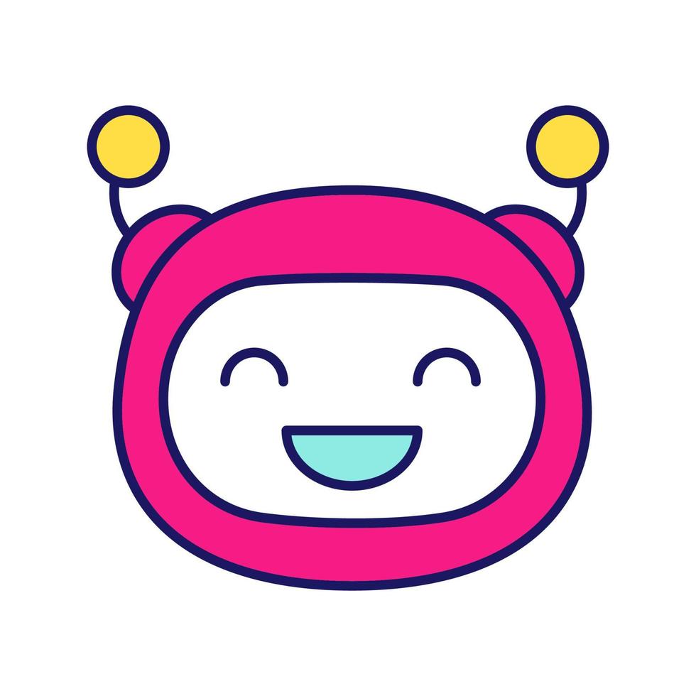 Laughing robot emoji color icon. Happy chatbot smiley with broad smile and closed eyes. Chat bot emoticon. Artificial conversational entity. Virtual assistant. Isolated vector illustration