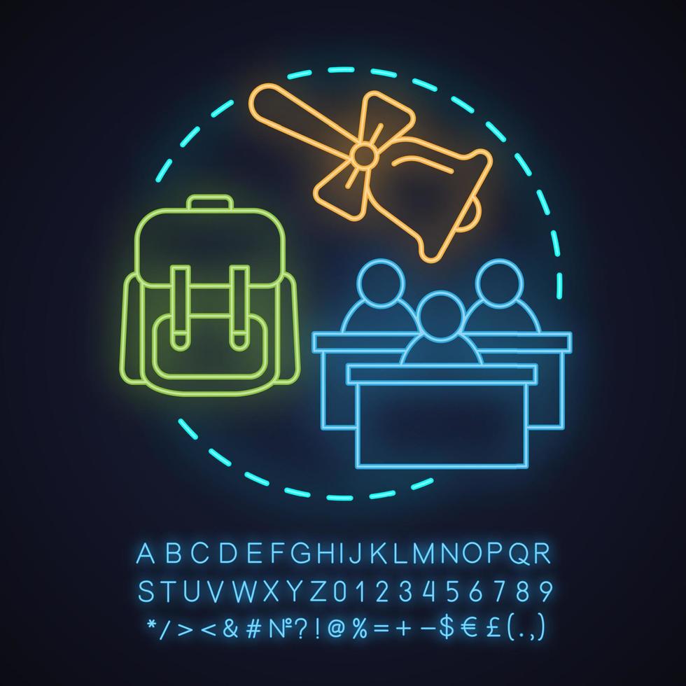 School neon light concept icon. September 1st idea. Education. Day of Knowledge. Glowing sign with alphabet, numbers and symbols. Vector isolated illustration