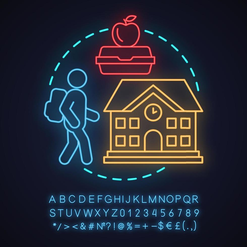 School neon light concept icon. Education idea. Student, lunchbox, school building. Glowing sign with alphabet, numbers and symbols. Vector isolated illustration