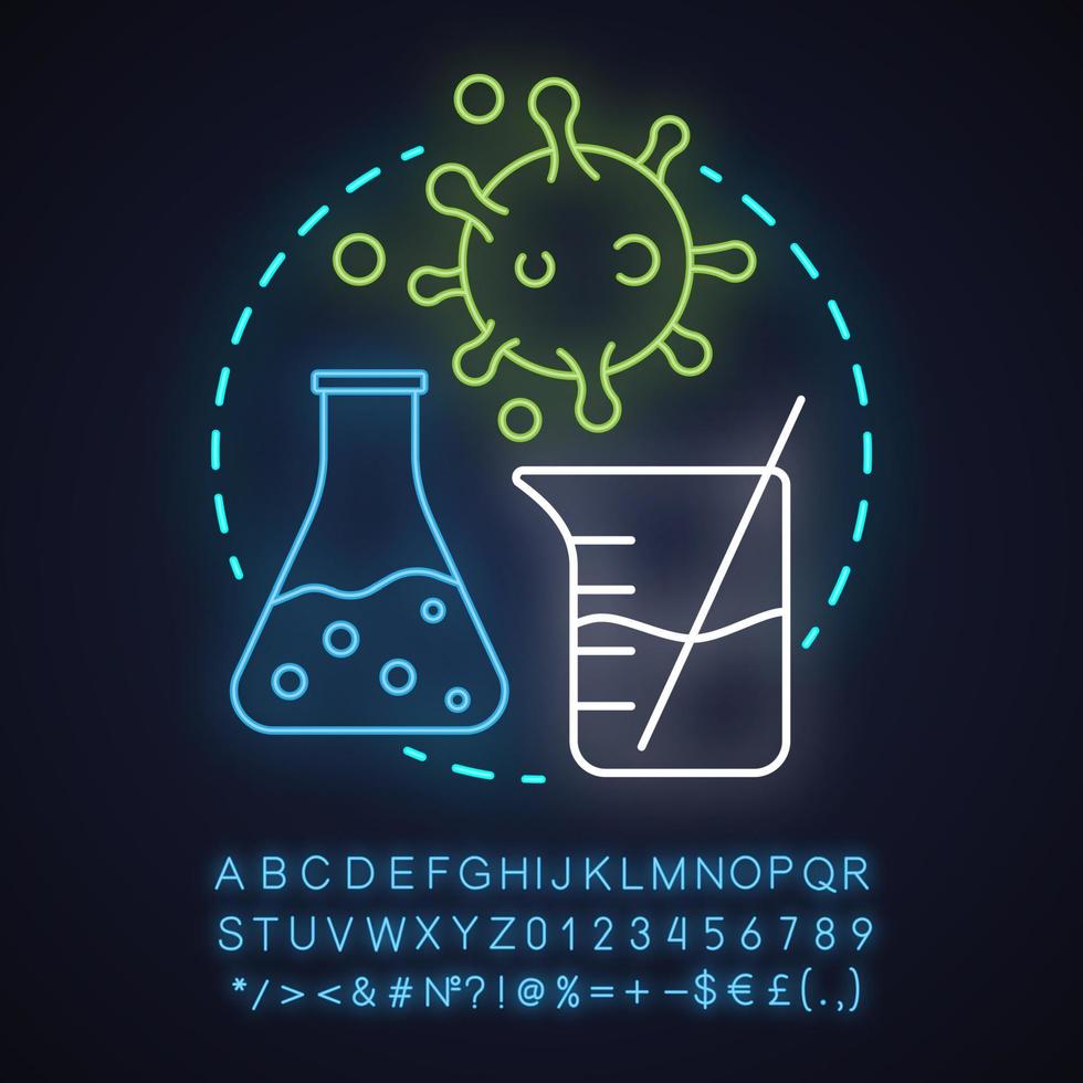 Science laboratory neon light concept icon. Virology idea. Study of viruses. Laboratory flask and beaker, virus cell. Glowing sign with alphabet, numbers and symbols. Vector isolated illustration