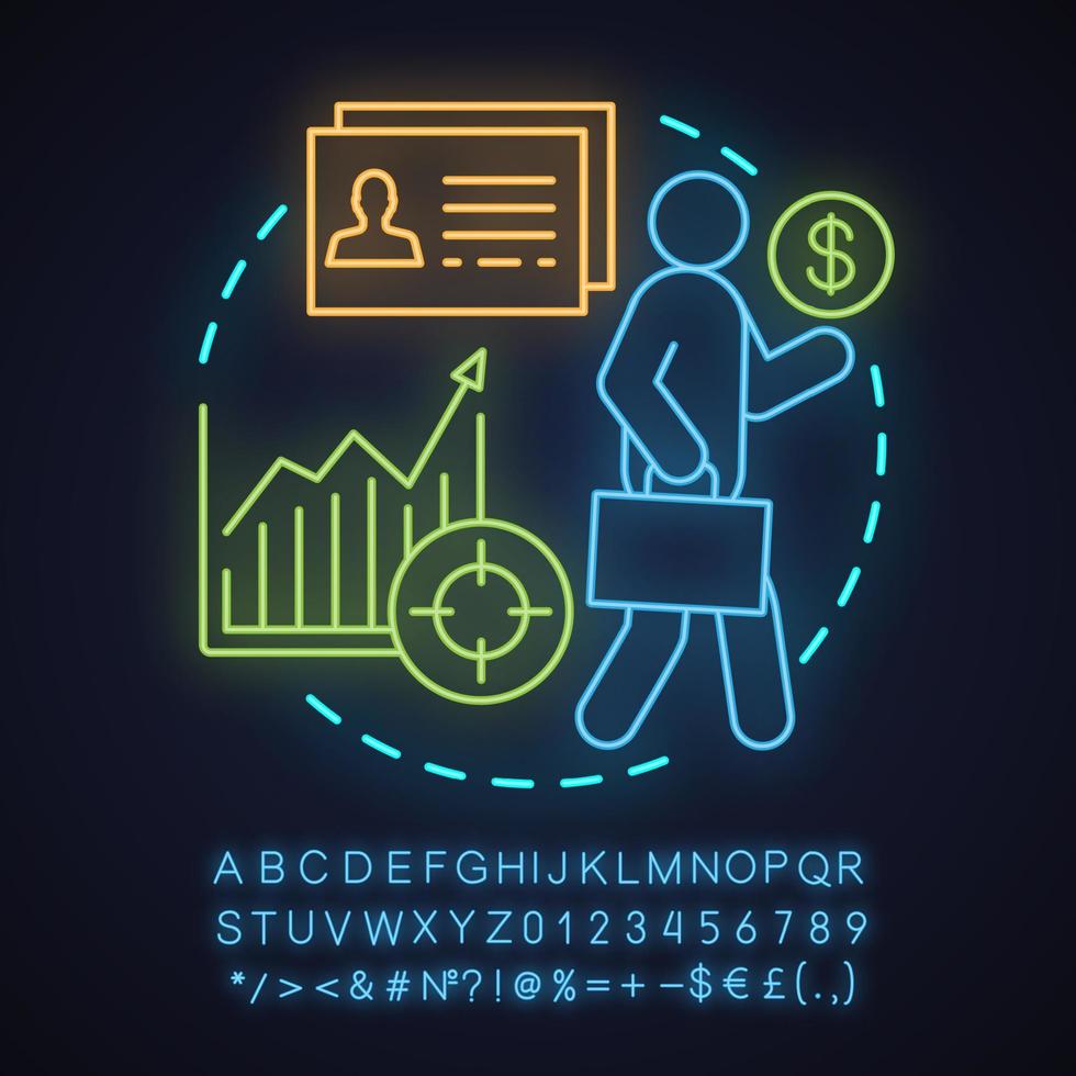 Job neon light concept icon. Work idea. Successful career. Goal achieving. Glowing sign with alphabet, numbers and symbols. Vector isolated illustration