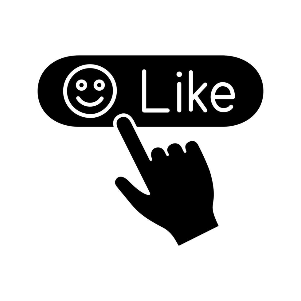 Like button click glyph icon. Positive comment. Hand pressing button. Silhouette symbol. Negative space. Vector isolated illustration