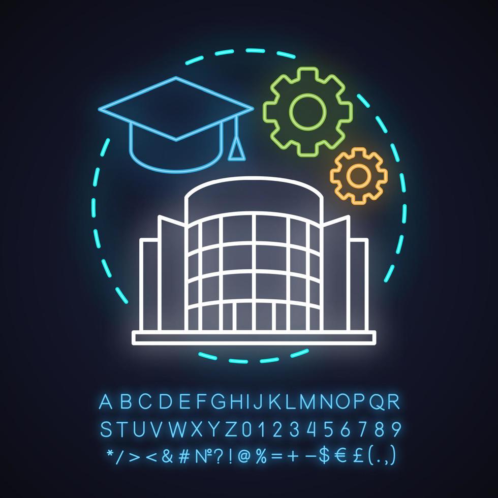 University neon light concept icon. High education idea. Student's graduation hat, cogwheels, college building. Glowing sign with alphabet, numbers and symbols. Vector isolated illustration