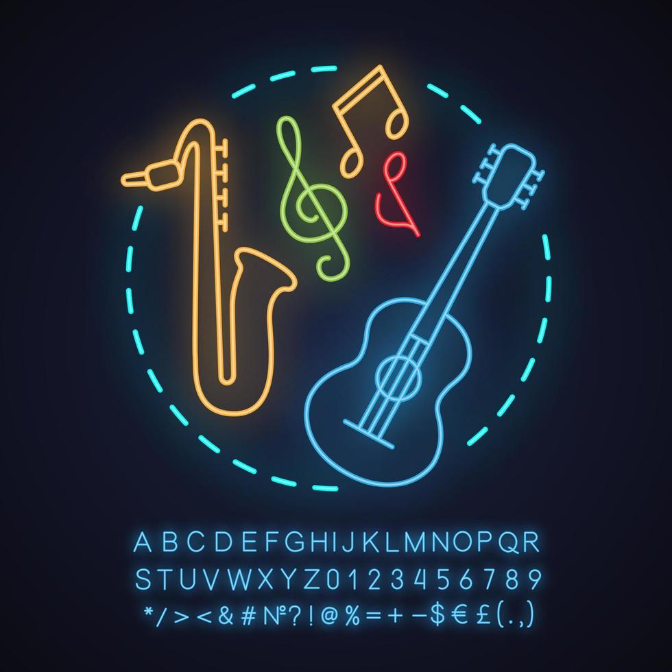 Music store neon light concept icon. Music festival or concert idea. Symphony orchestra. Guitar, saxophone. Glowing sign with alphabet, numbers and symbols. Vector isolated illustration