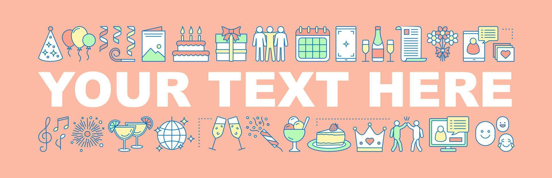 Birthday party word concepts banner. Greeting. Holiday celebration. Isolated lettering typography idea with linear icons. Festive. Vector outline illustration