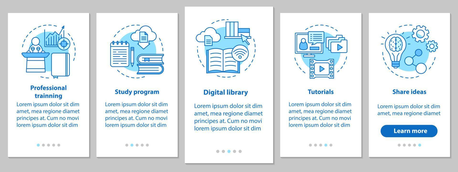 Interactive training onboarding mobile app page screen with linear concepts. Study program, digital library, tutorials, share ideas steps instructions. UX, UI, GUI vector template with illustrations