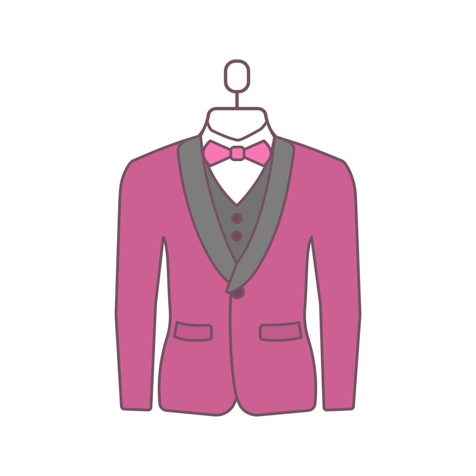 Wedding tuxedo color icon. Jacket with bow tie. Mens formal wear. Menswear. Men s suit on mannequin. Atelier. Isolated vector illustration