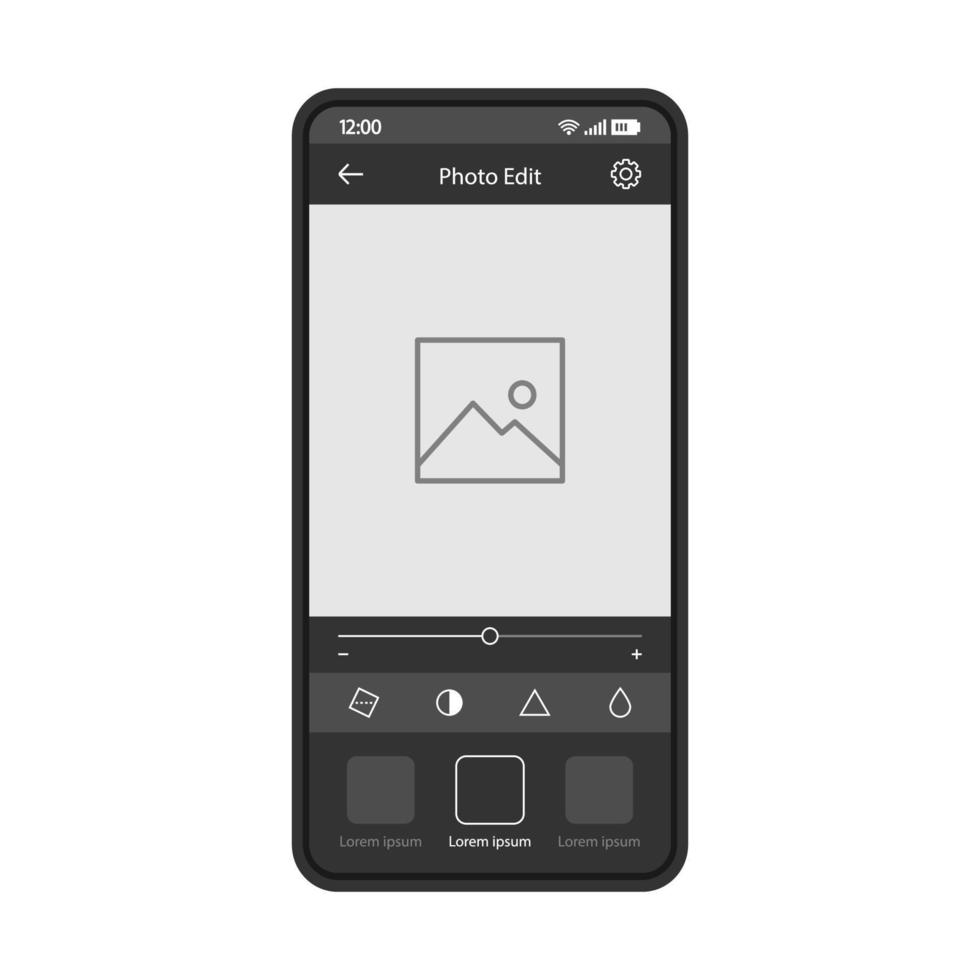 plantilla de vector de aplicación de teléfono inteligente de edición de fotos. Diseño de interfaz de aplicación móvil en negro. pantalla de efecto de filtro de edición de fotos. ui plana. pantalla del teléfono con editor de publicaciones en redes sociales