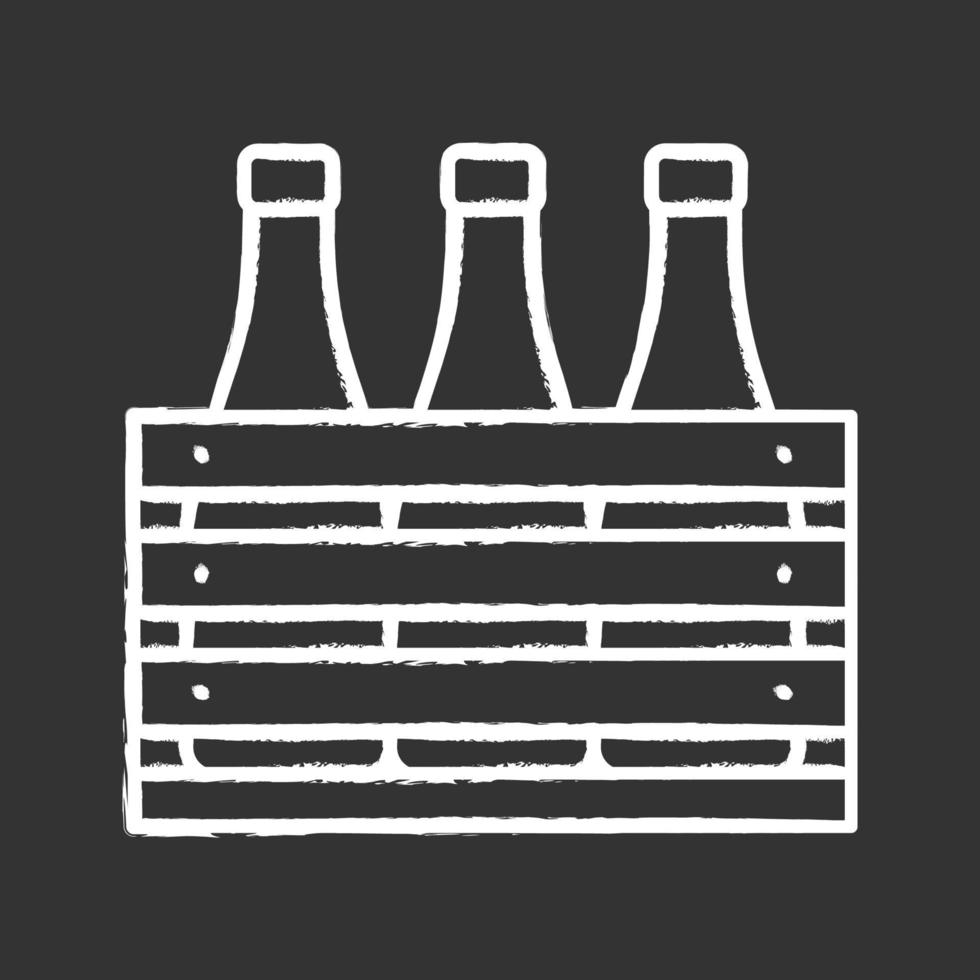 Beer case chalk icon. Wine or champagne bottles in wooden crate. Milk bottles in wooden box. Isolated vector chalkboard illustration
