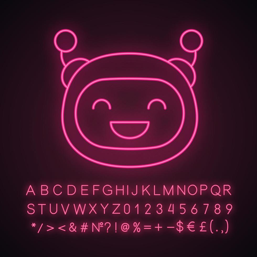 Laughing robot emoji neon light icon. Happy chatbot smiley with broad smile. Chat bot emoticon. Glowing sign with alphabet, numbers and symbols. Vector isolated illustration