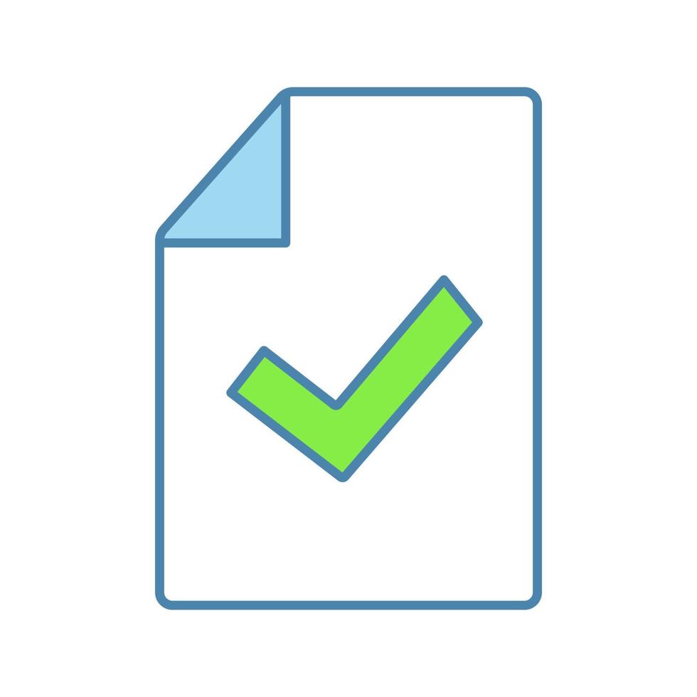 Document verification color icon. Test or exam successfully completed. Paper sheet with check mark. Approved. Isolated vector illustration