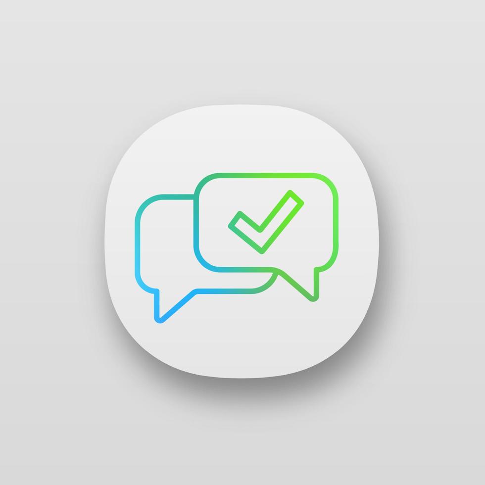 Approved chat app icon. Delivered message. SMS verification. Confirmation dialog. UI UX user interface. Web application. Message approval. Speech bubble with check mark. Vector isolated illustration