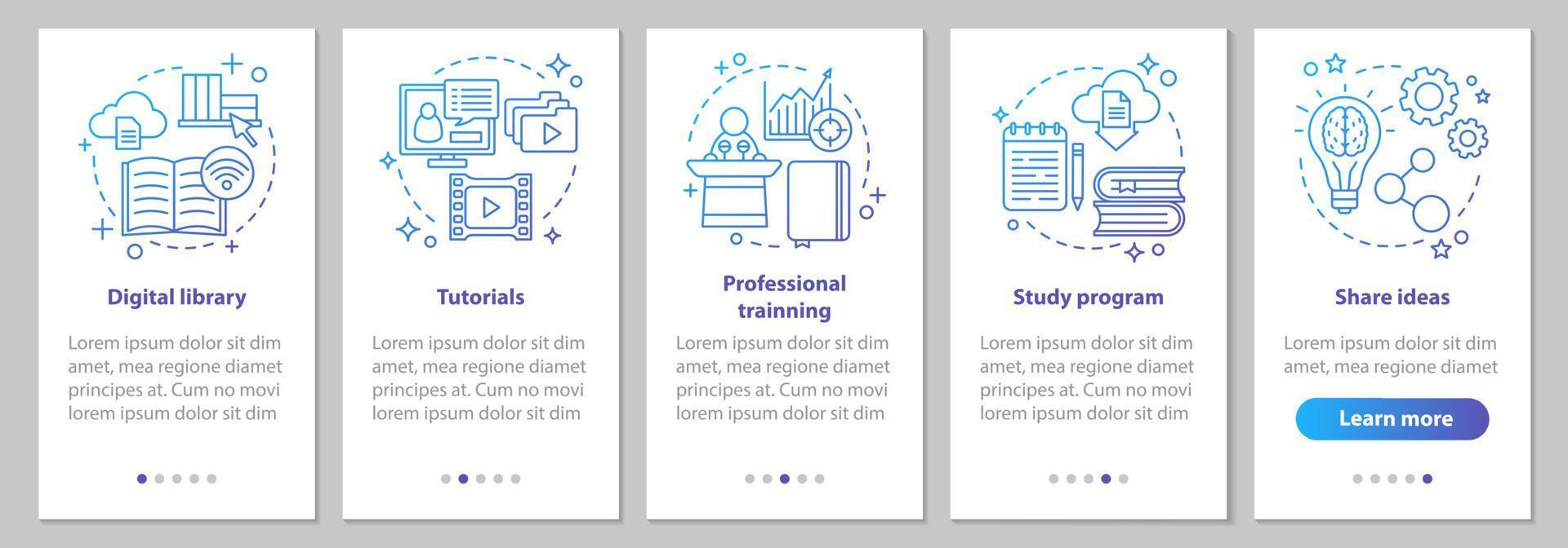 Interactive training onboarding mobile app page screen with linear concepts. Study program, digital library, tutorials, share ideas steps instructions. UX, UI, GUI vector template with illustrations