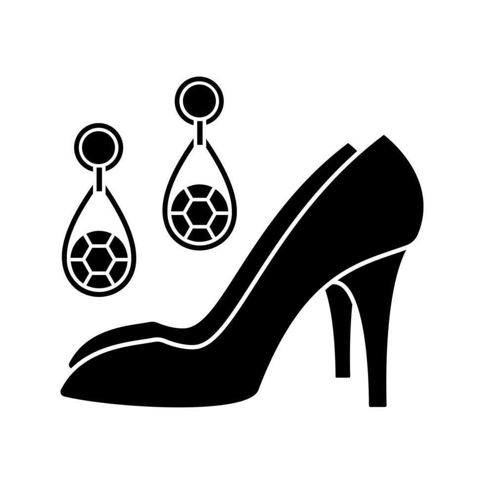 Wedding accessories glyph icon. Women dress code. Earrings and high heel shoes. Wedding agency. Silhouette symbol. Negative space. Vector isolated illustration