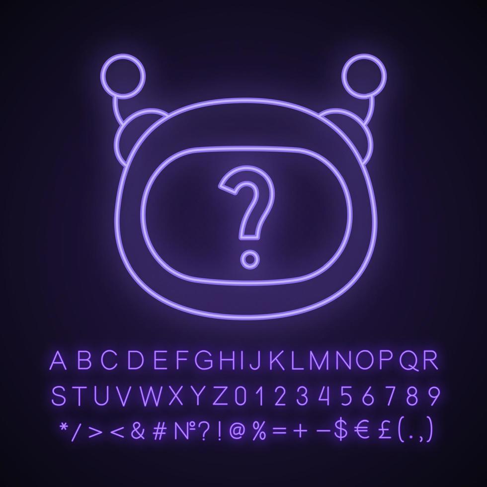 Help chatbot neon light icon. Glowing sign with alphabet, numbers and symbols. FAQ chat bot. Virtual assistant. Robot face with question mark. Artificial intelligence. Vector isolated illustration