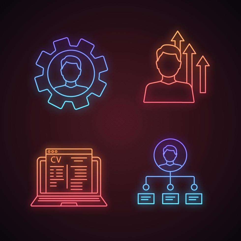 Resume neon light icons set. Professionals skills, personal growth, online job application, abilities. Glowing signs. Vector isolated illustrations