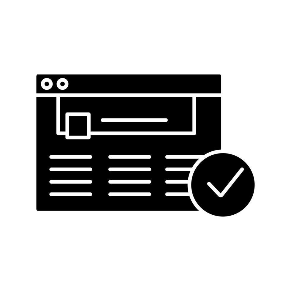 Approved website glyph icon. Web page. Successful login. Silhouette symbol. Negative space. Authorization. Web site with check mark. Web browser verification. Vector isolated illustration