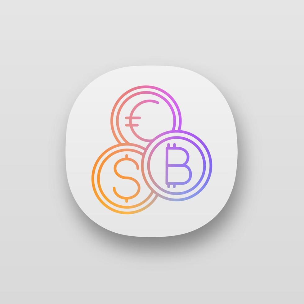 Currency exchange app icon. UI UX user interface. Cryptocurrency. Bitcoin, US dollar and euro exchange. Blockchain. Web or mobile application. Vector isolated illustration