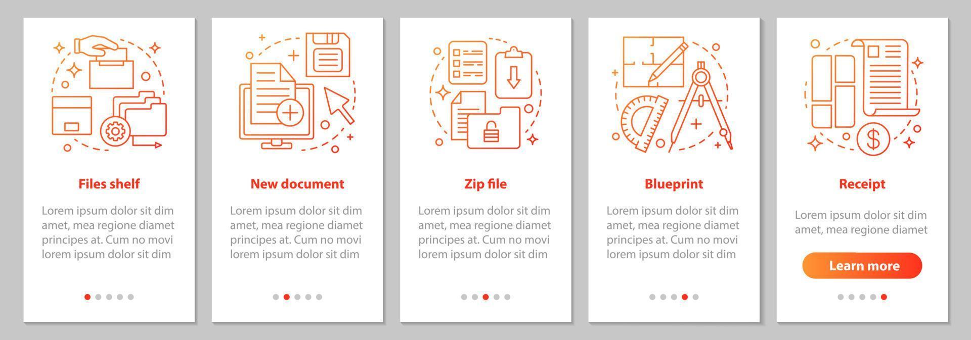 Big data onboarding mobile app page screen with linear concepts. Files storage, new document, zip file, blueprint, receipt steps graphic instructions. UX, UI, GUI vector template with illustrations