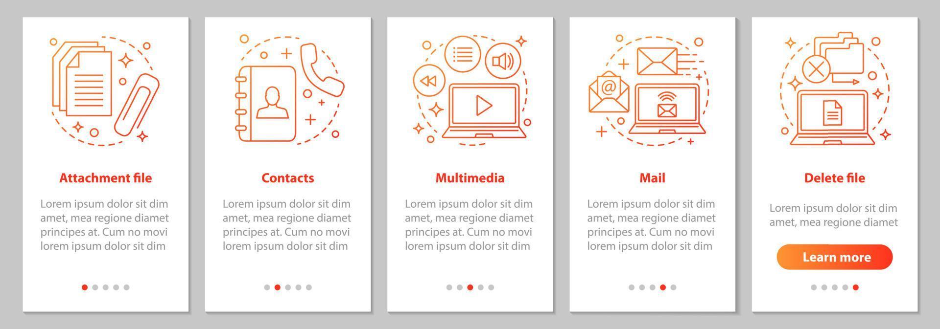 Digital software onboarding mobile app page screen with linear concepts. Attachment file, mail, contacts, file deleting steps graphic instruction. UX, UI, GUI vector template with illustration