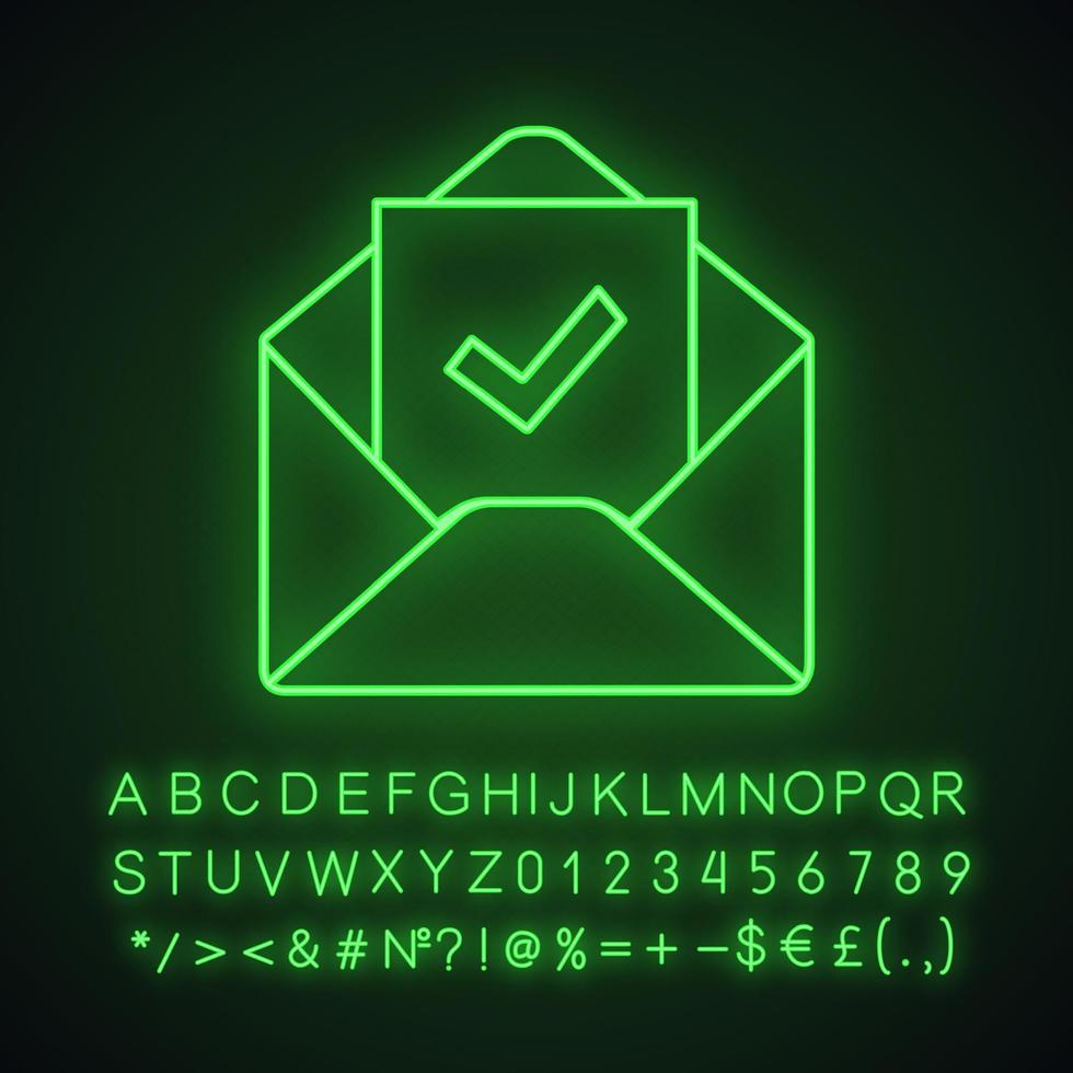 Email confirmation neon light icon. E-mail approval response. Hiring letter. Email with check mark. Employment verification letter. Glowing sign with alphabet, numbers. Vector isolated illustration