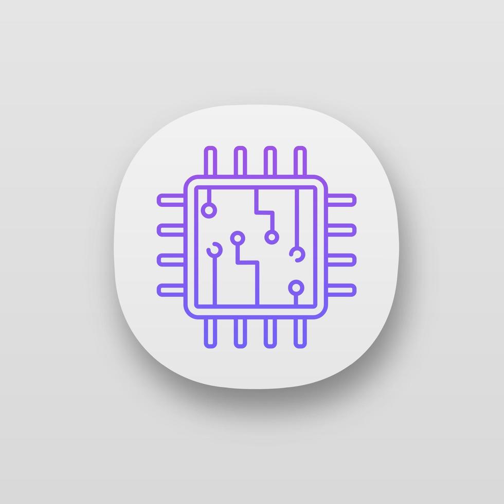 Computer chip app icon. UI UX user interface. Processor. Memory card. Central processing unit. Artificial intelligence. Web or mobile application. Vector isolated illustration