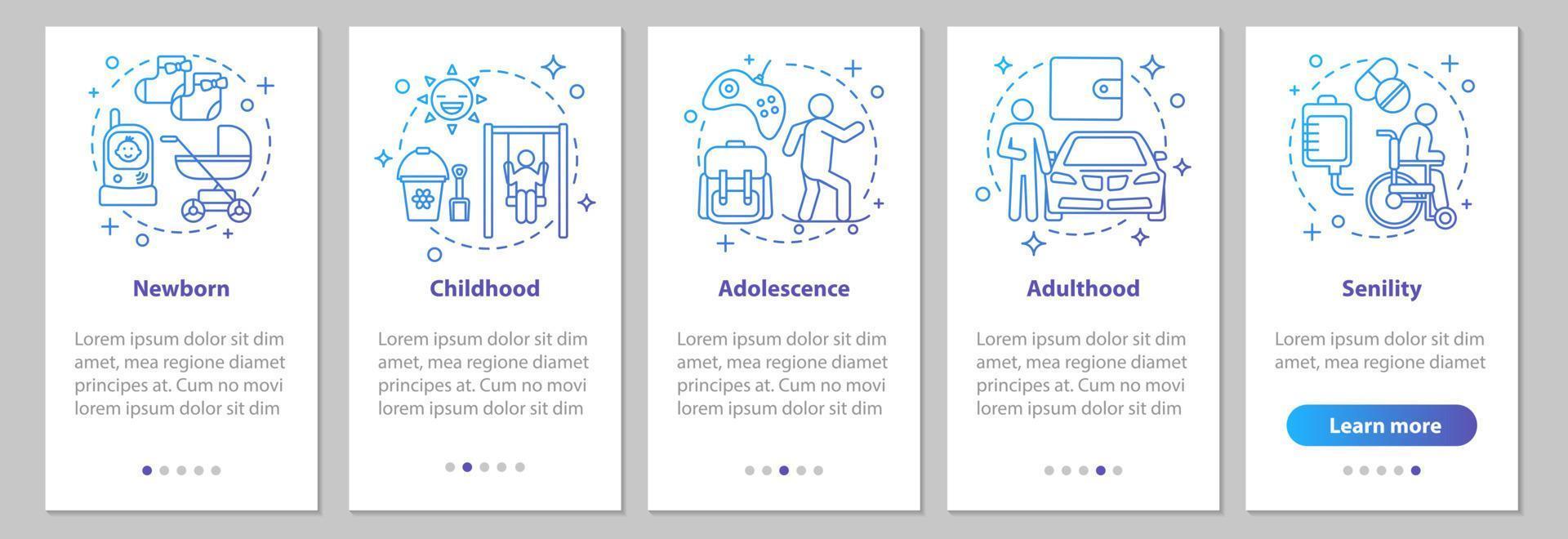 Human lifecycle onboarding mobile app page screen with linear concepts. Newborn, childhood, adolescence, adulthood, senility steps graphic instructions. UX, UI, GUI vector template with illustrations