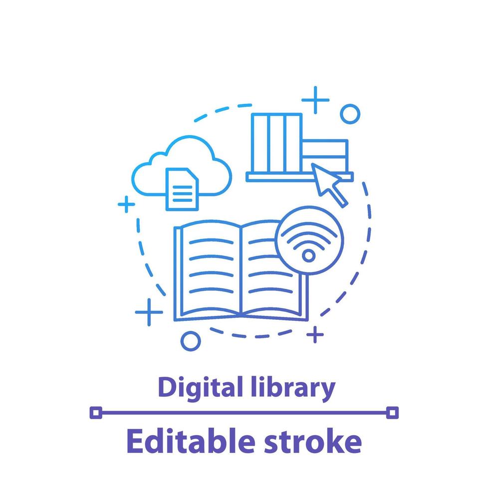 Digital library concept icon. E-library. Online education. Electronic books idea thin line illustration. E-books, e-encyclopedias. Online library. Vector isolated outline drawing. Editable stroke