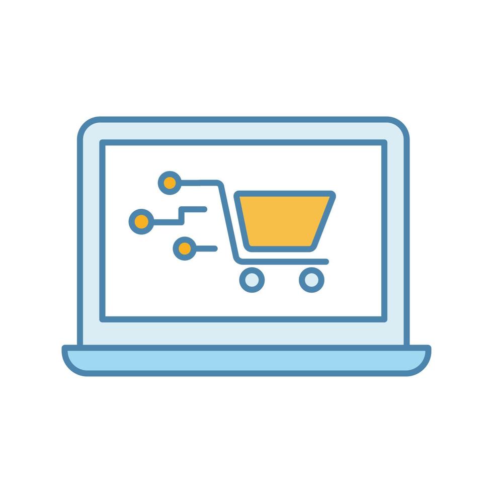 Payment system technology color icon. E-payment. Online shopping. Laptop display with shopping cart. Digital purchase. Isolated vector illustration