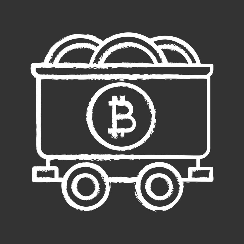 icono de tiza de negocios de minería de bitcoin. carro de mina con monedas bitcoin. criptomoneda. ilustración de pizarra de vector aislado