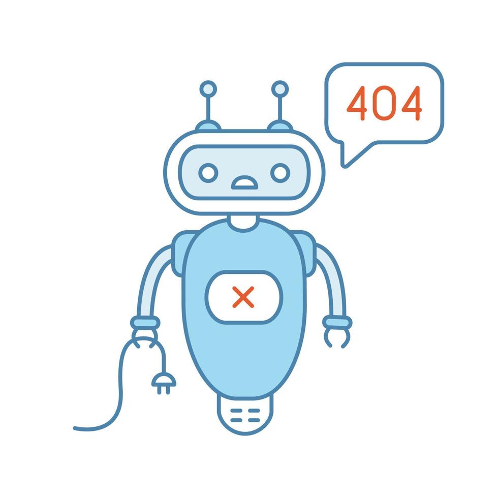 Not found error chatbot color icon. Talkbot with error 404 in chat box. Website error page online assistant. Modern robot. Isolated vector illustration