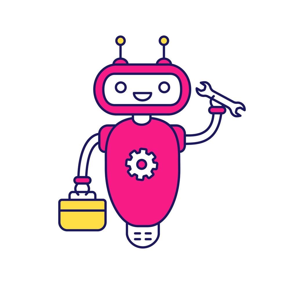 Repair chatbot color icon. Robot with set of tools and screw key. Virtual assistant. Online customer support. Modern robot. Isolated vector illustration