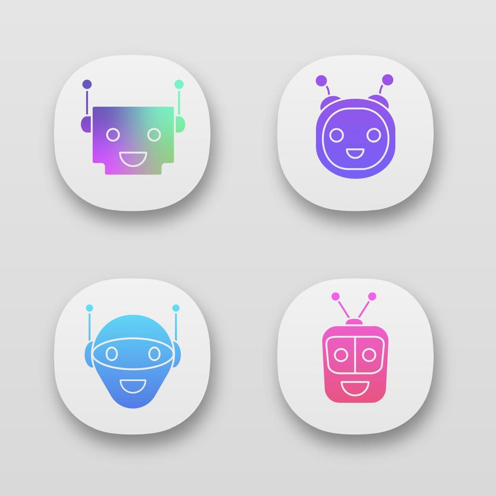 Chatbots app icons set. UI UX user interface. Talkbots. Laughing virtual assistants. Conversational agents. Modern robots. Web or mobile applications. Vector isolated illustrations