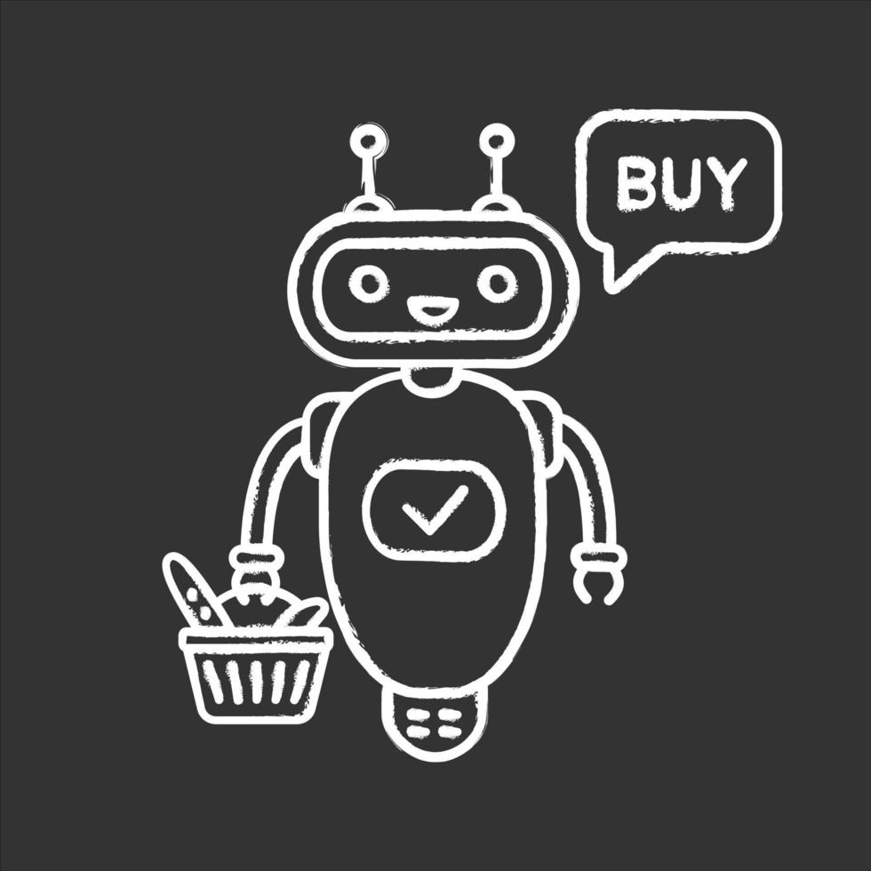 Online customer service chatbot chalk icon. Talkbot with grocery basket says buy. Modern robot. Virtual shopping assistant. Isolated vector chalkboard illustration