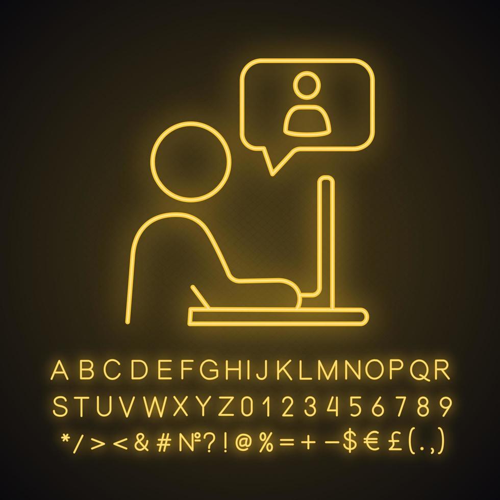 Online communication neon light icon. Chatting. Online job interview. Business conversation. Glowing sign with alphabet, numbers and symbols. Vector isolated illustration