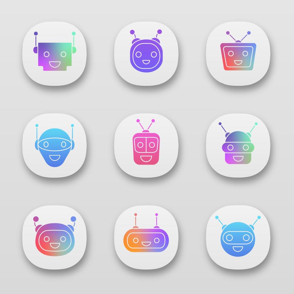 Chatbots app icons set. UI UX user interface. Modern robots emojis. Laughing, happy chat bot smileys. Virtual assistants. Web or mobile applications. Vector isolated illustrations