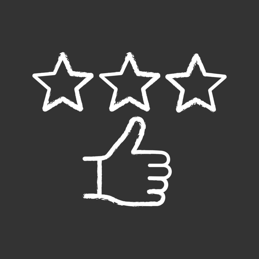 Rating chalk icon. Customer excellent review. Positive feedback. Ranking. Client satisfaction. Stars and thumbs up gesture. Isolated vector chalkboard illustration