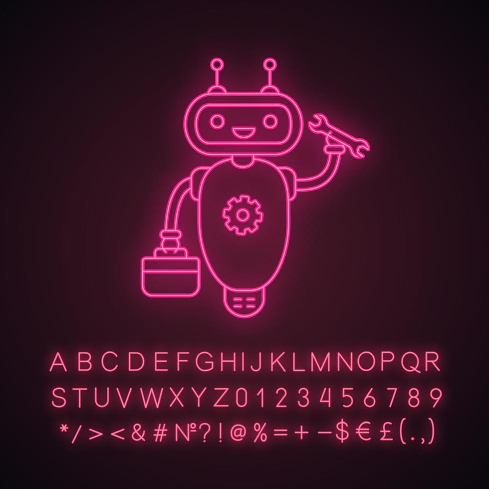 reparar el icono de luz de neón de chatbot. robot con herramientas y llave de tornillo. asistente virtual. atención al cliente en línea. robot moderno. signo brillante con alfabeto, números y símbolos. vector ilustración aislada