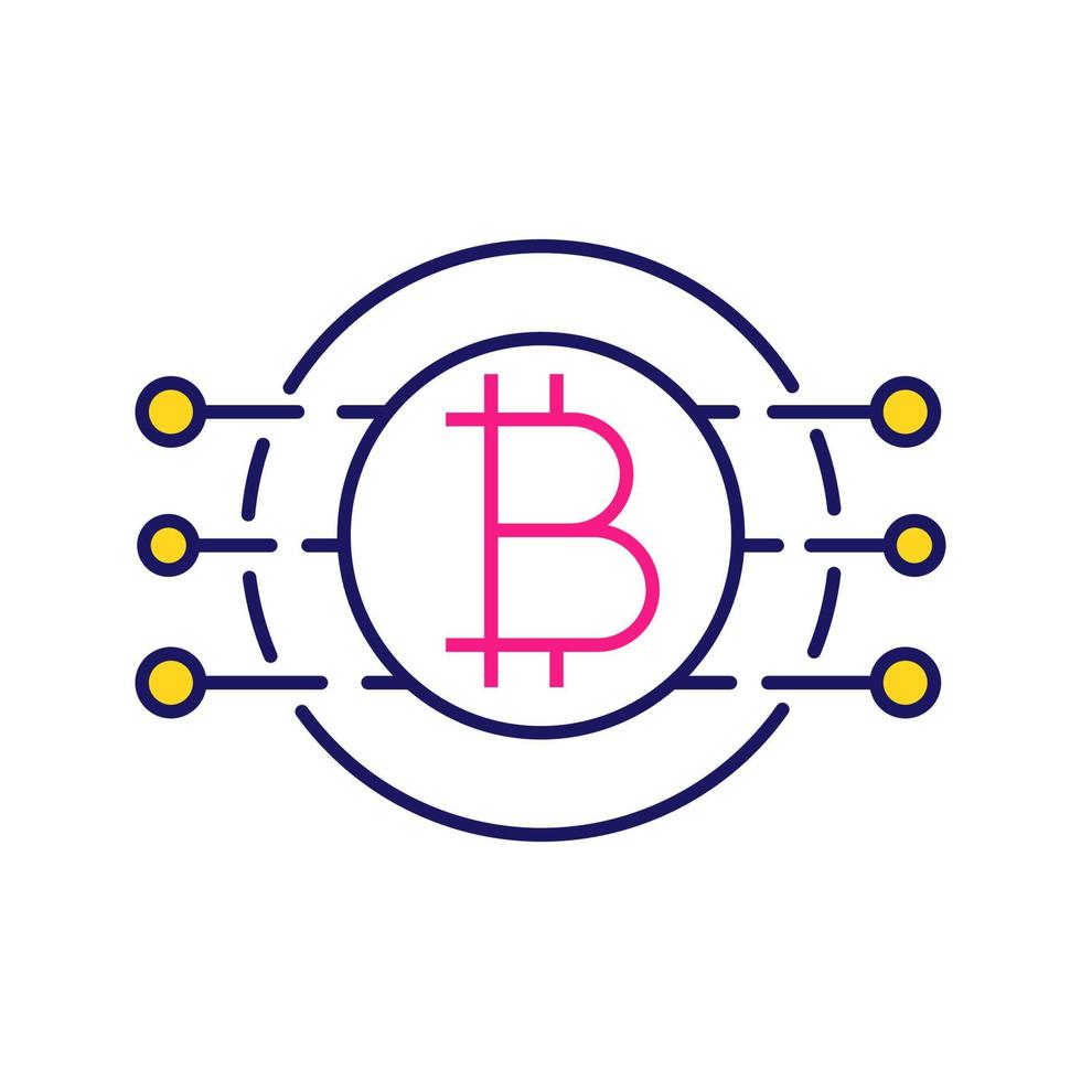 Bitcoin color icon. Virtual currency. Online banking. Bitcoin payment. Contour symbol. Microchip pathways with coin inside. Isolated vector illustration