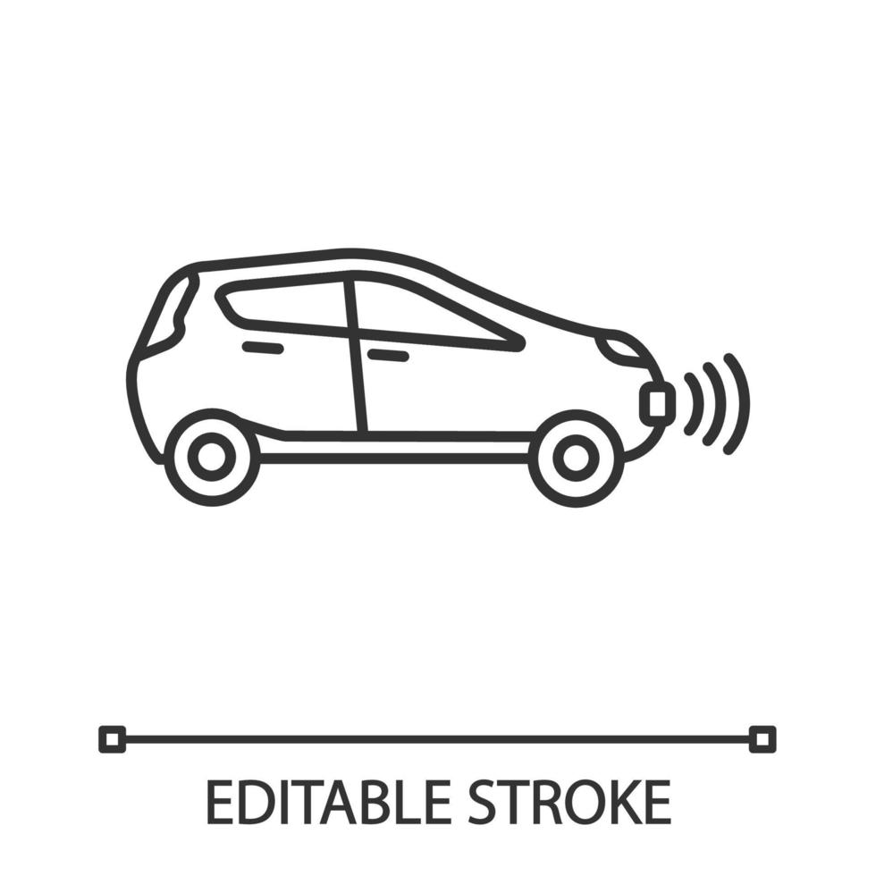 Smart car in side view linear icon. NFC auto. Intelligent vehicle. Thin line illustration. Self driving automobile. Autonomous car. Driverless vehicle. Vector isolated outline drawing. Editable stroke