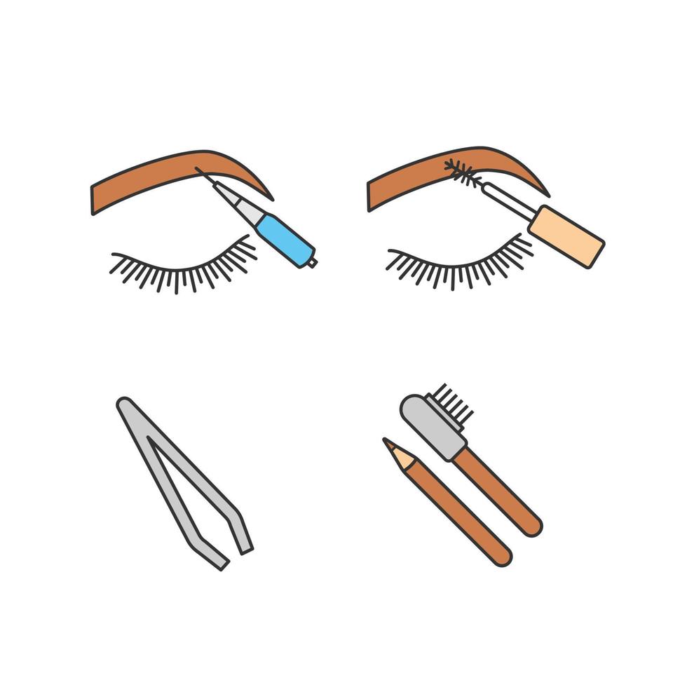 Eyebrows shaping color icons set. Brows microblading, mascara, cosmetic tweezer, eyebrows contouring pencil with brush. Isolated vector illustrations