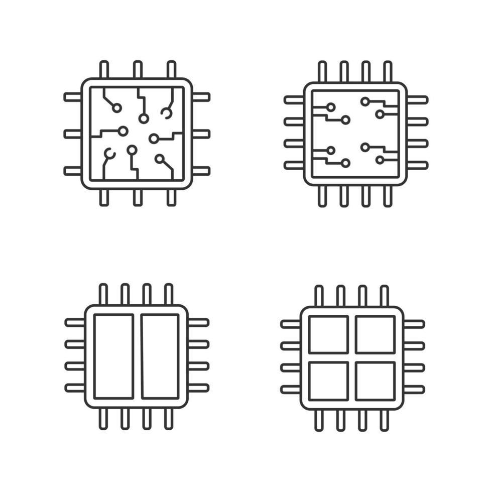 procesadores conjunto de iconos lineales. chip, microprocesador, unidad integrada, procesadores de doble y cuádruple núcleo. símbolos de contorno de línea fina. ilustraciones de contorno de vector aislado. trazo editable