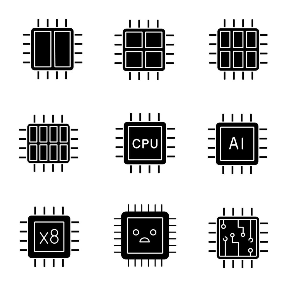 procesadores conjunto de iconos de glifos. dual, octa, quad, chips de seis núcleos, cpu, procesador triste, circuito integrado, microprocesador ai. símbolos de silueta. vector ilustración aislada