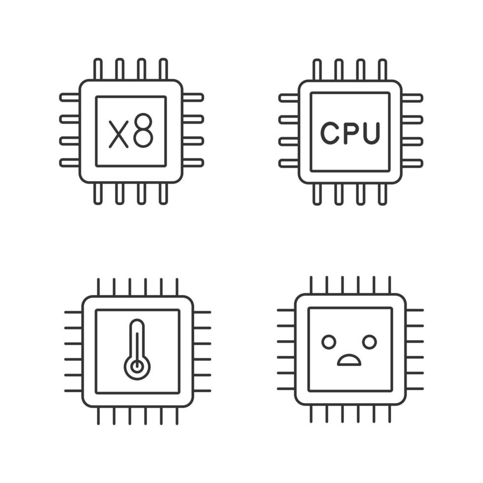 procesadores conjunto de iconos lineales. octa core, procesadores cpu, temperatura del microprocesador, chip triste. símbolos de contorno de línea fina. ilustraciones de contorno de vector aislado. trazo editable